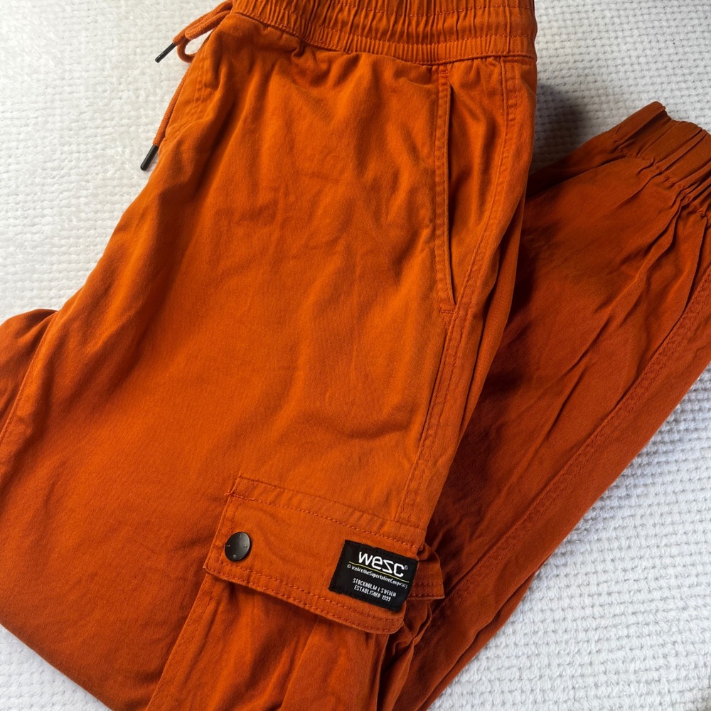 WeSC Mens XL Burnt Orange Cargo Jogger Pants Elastic Waist Drawstring Streetwear